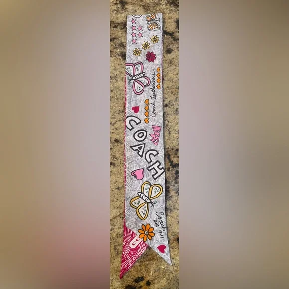 Coach Pink, Gray & Orange Butterfly Floral Silk Bag/ Hair Scarf - Picture 2 of 4